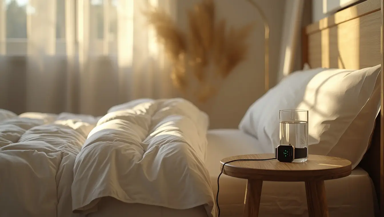 A peaceful minimalist bedroom setup designed for optimal core sleep habits with natural lighting