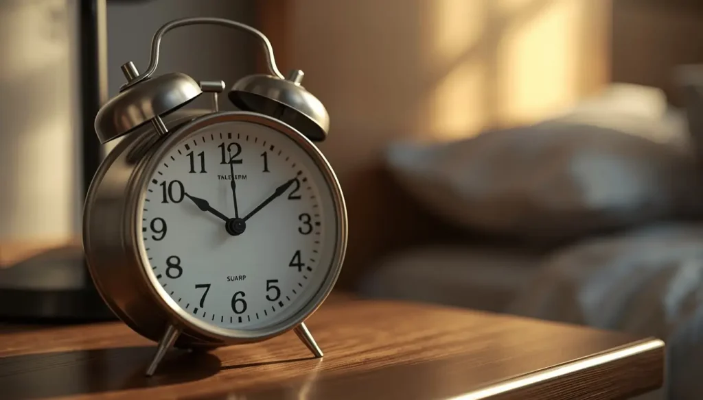 Analog alarm clock set to 7am to illustrate consistent sleep schedules.