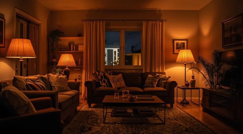 Living room with warm amber lighting to promote melatonin production.