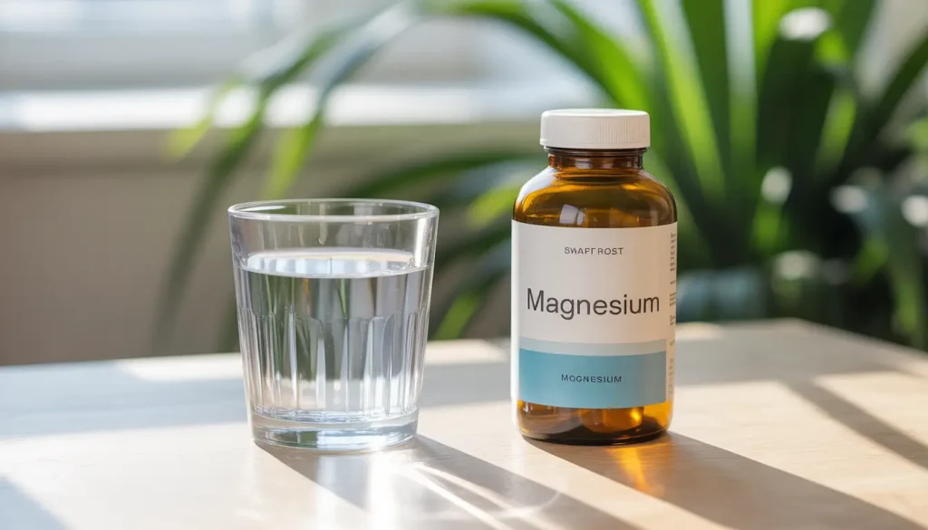 Magnesium supplement bottle and water glass.