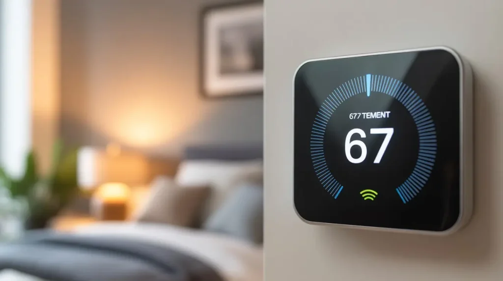 Smart thermostat set to 67 degrees for optimal sleep temperature