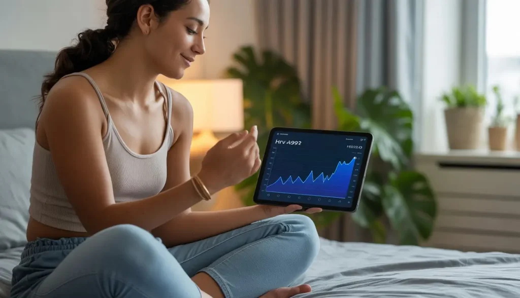 Woman reviewing HRV sleep recovery data to optimize daily energy and stress balance.
