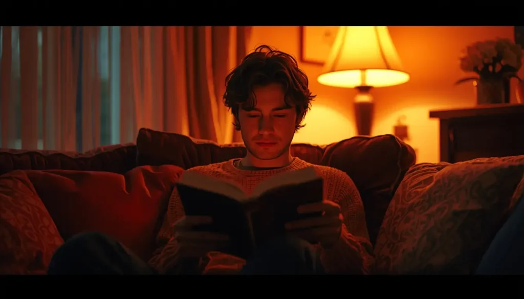 person reading under warm light