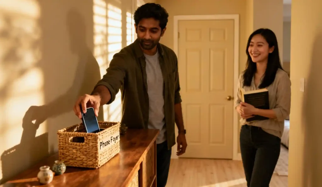 Adults modeling tech boundaries by using a central charging station outside bedrooms.