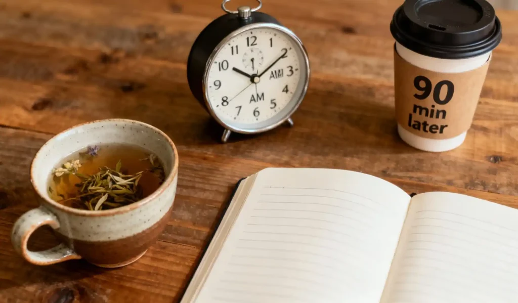 Delay caffeine 90 mins to clear adenosine and avoid afternoon crashes.