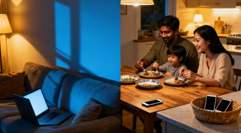 Family enjoying tech-free dinner to lower stress and rebuild connection at home