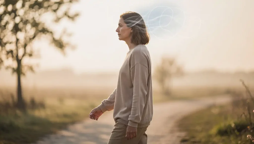 The Real Dopamine Detox Benefits (And What to Expect in Week 1) 8 Mindful walking scene showing increased awareness and presence after reducing digital overstimulation.