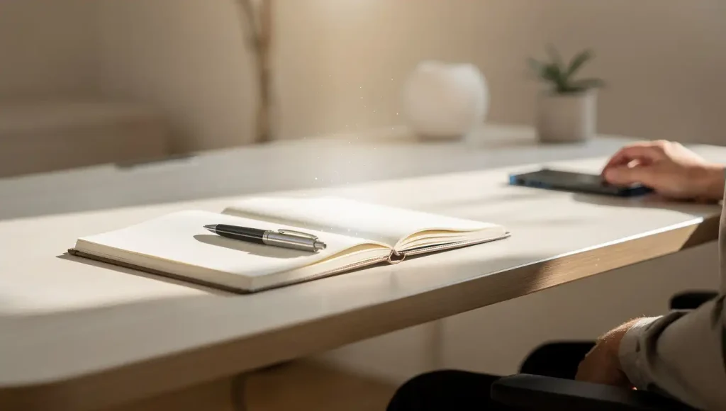 The Real Dopamine Detox Benefits (And What to Expect in Week 1) 4 Minimal workspace scene showing deep focus and fewer distractions to represent improved cognitive function during dopamine detox.