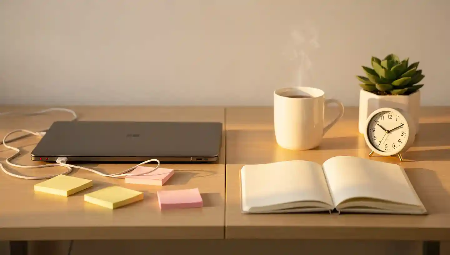 Minimalist desk showing focus vs distraction journal and tea vs glowing laptop and notifications.