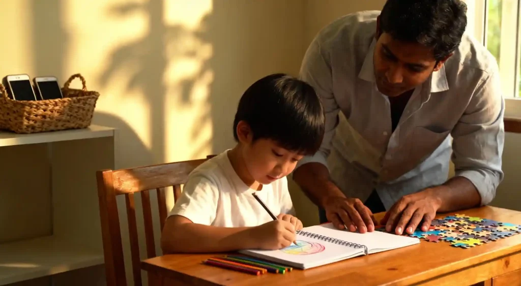 Parent supporting child through digital withdrawal with calm bridge activities like art.