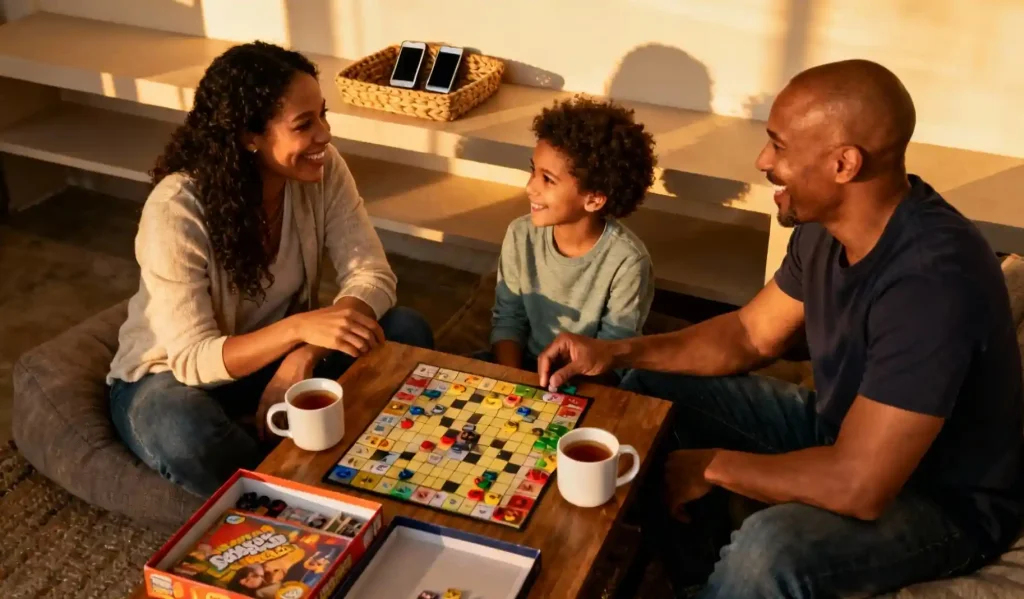Parents modeling tech-free time through shared board games and full attention.