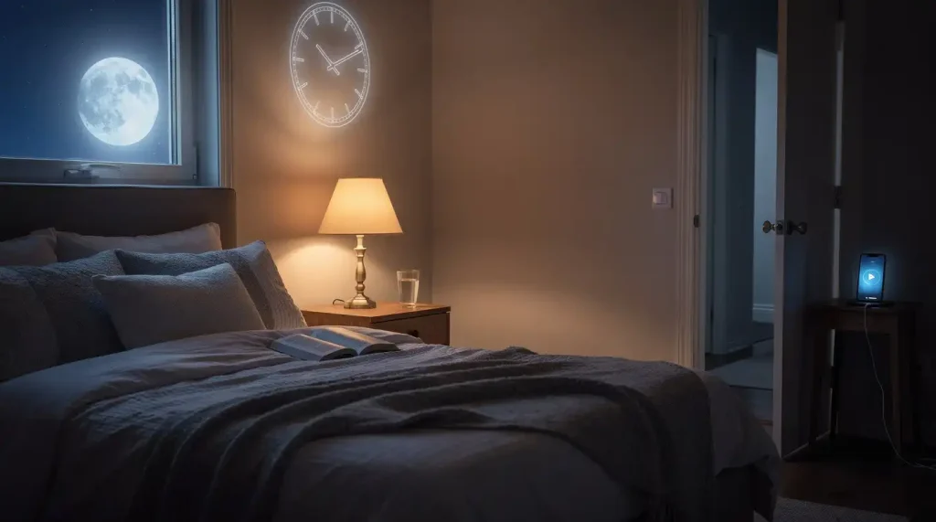 The Real Dopamine Detox Benefits (And What to Expect in Week 1) 7 Warm bedroom scene with a phone outside the room representing a low stimulation evening routine for better sleep.