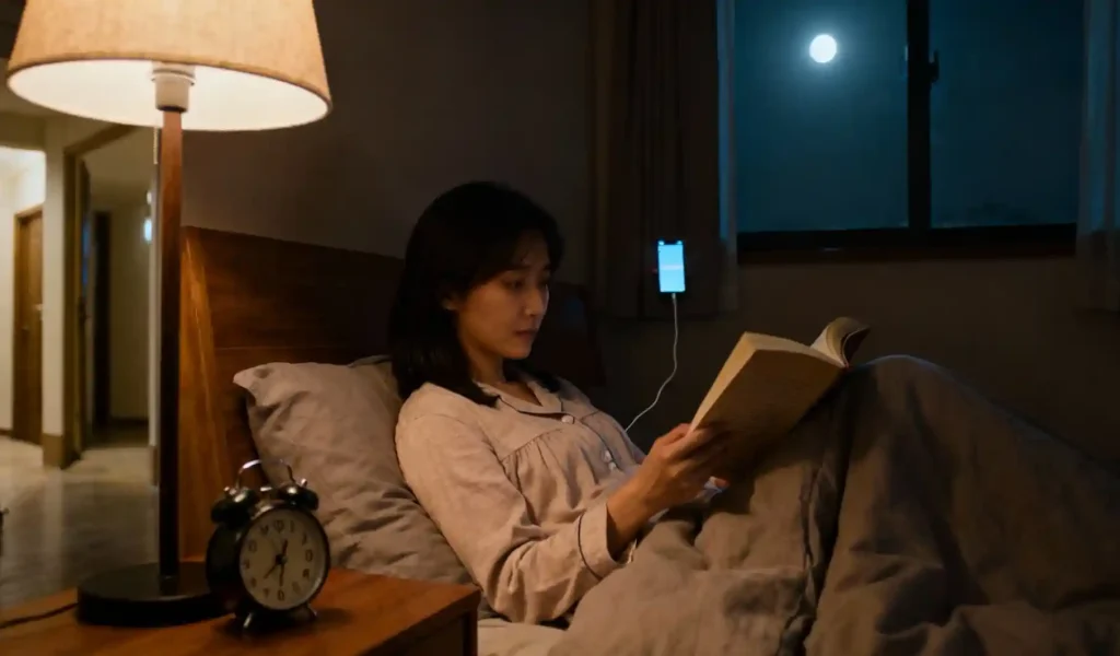 Woman enjoying digital sunset with analog clock and screen-free bedtime routine.