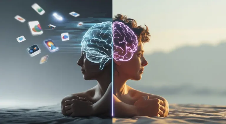 dopamine detox Benefits transformation from digital overstimulation to calm focus with a glowing brain visual.