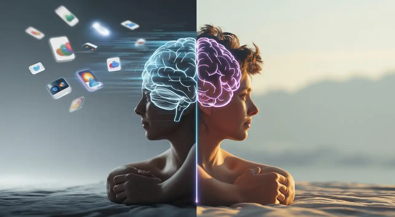 dopamine detox Benefits transformation from digital overstimulation to calm focus with a glowing brain visual.